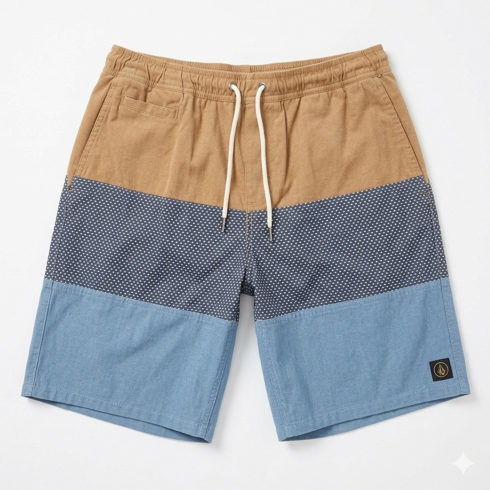 Volcom Threezy Mens Shorts Sz Medium Colorblock Polka Dot Blue Brown Surf Skate‎